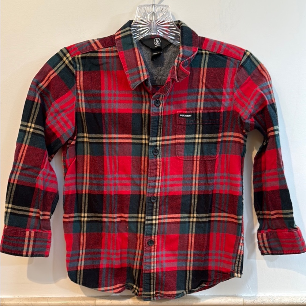 Volcom Kids Red and Black Plaid Button Down Shirt